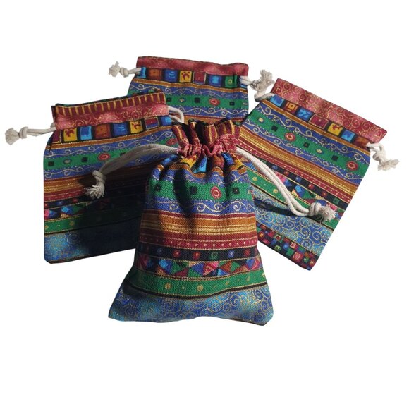 Bohemian Style Drawstring Gift Bags Woven Multicolor Set Of 4 Handmade Fabric Ba - Picture 3 of 5